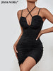 JIM & NORA 2023 Sexy Spaghetti Strap Backless Halter Soild Dress Women Hollow Out Bodycon Cocktail Party Night Club Mini Dresses