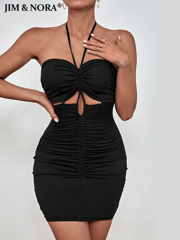 JIM & NORA 2023 Sexy Women Halter Backless Hollow Out Spaghetti Strap Mini Dress Elegant Bandage Club Party Dresses Bodycon