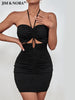 JIM & NORA 2023 Sexy Women Halter Backless Hollow Out Spaghetti Strap Mini Dress Elegant Bandage Club Party Dresses Bodycon