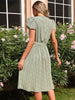 JIM & NORA 2023 Summer Casual Floral Dress V-Neck for Women Elegant Short Sleeves Pleated Hem Casual Midi A-Line Belt Sundresses
