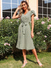 JIM & NORA 2023 Summer Casual Floral Dress V-Neck for Women Elegant Short Sleeves Pleated Hem Casual Midi A-Line Belt Sundresses