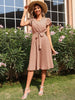 JIM & NORA 2023 Summer Casual Floral Dress V-Neck for Women Elegant Short Sleeves Pleated Hem Casual Midi A-Line Belt Sundresses