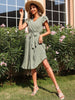 JIM & NORA 2023 Summer Casual Floral Dress V-Neck for Women Elegant Short Sleeves Pleated Hem Casual Midi A-Line Belt Sundresses