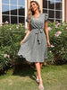 JIM & NORA 2023 Summer Casual Floral Dress V-Neck for Women Elegant Short Sleeves Pleated Hem Casual Midi A-Line Belt Sundresses