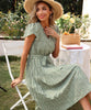 JIM & NORA 2023 Summer Casual Floral Dress V-Neck for Women Elegant Short Sleeves Pleated Hem Casual Midi A-Line Belt Sundresses