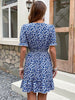 JIM & NORA 2023 Summer Women Holiday Beach Mini Sundress Casual Ladies Floral Printed Short Sleeve V Neck Blue Tunic Dress
