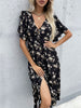 JIM & NORA 2023 Summer Vestidos Black Floral Printed V Neck Short Sleeve Midi Dress For Women Casual Loose Dresses