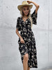 JIM & NORA 2023 Summer Vestidos Black Floral Printed V Neck Short Sleeve Midi Dress For Women Casual Loose Dresses