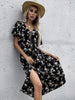 JIM & NORA 2023 Summer Vestidos Black Floral Printed V Neck Short Sleeve Midi Dress For Women Casual Loose Dresses