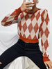 JIM & NORA Autumn Sweater Women Round Neck Long Sleeve Patchwork Knit Pullover Casual Stitching Colour Argyle Tops Hot