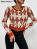 JIM & NORA Autumn Sweater Women Round Neck Long Sleeve Patchwork Knit Pullover Casual Stitching Colour Argyle Tops Hot