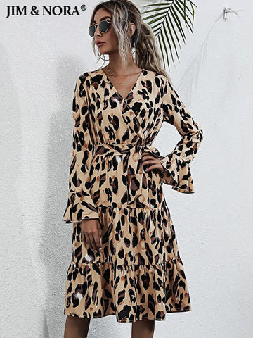 JIM & NORA Autumn Vestidos Women Long Sleeve V Neck Leopard Print Tunic Midi Dress Vintage Casual Dresses Elegant Hot