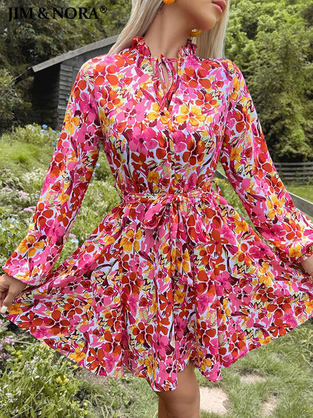 JIM & NORA Autumn Spring Vestidos Women Long Sleeve Floral Print Mini Dress Casual Holiday Outdoor Tunic Dresses Hot