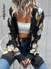 JIM & NORA Autumn Women Long Sleeve Daisy Flower Print Cardigan Sexy Black Knit Cardigans Holiday Outwear Warm Casual