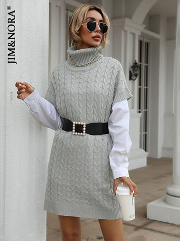 JIM & NORA Autumn Women Short Sleeve Soild Colour Long Knit Sweater Dress Ladies Turtleneck Loose Pullover Casual Tops Fashion