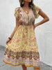 JIM & NORA Boho Floral Print Dress V Neck Short Sleeve Drawstring Waist Loose Flowy Bohemian Midi Dresses for Women Fashion