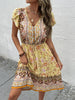 JIM & NORA Boho Floral Print Dress V Neck Short Sleeve Drawstring Waist Loose Flowy Bohemian Midi Dresses for Women Fashion