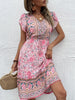 JIM & NORA Boho Floral Print Dress V Neck Short Sleeve Drawstring Waist Loose Flowy Bohemian Midi Dresses for Women Fashion