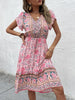 JIM & NORA Boho Floral Print Dress V Neck Short Sleeve Drawstring Waist Loose Flowy Bohemian Midi Dresses for Women Fashion
