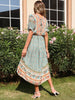 JIM & NORA Boho Print Dress Floral V Neck Short Sleeve Beach Bohemian Maxi Dresses High Waist Long Vestidos for Women Summer