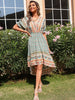JIM & NORA Boho Print Dress Floral V Neck Short Sleeve Beach Bohemian Maxi Dresses High Waist Long Vestidos for Women Summer