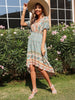 JIM & NORA Boho Print Dress Floral V Neck Short Sleeve Beach Bohemian Maxi Dresses High Waist Long Vestidos for Women Summer