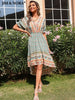 JIM & NORA Boho Print Dress Floral V Neck Short Sleeve Beach Bohemian Maxi Dresses High Waist Long Vestidos for Women Summer