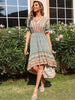 JIM & NORA Boho Print Dress Floral V Neck Short Sleeve Beach Bohemian Maxi Dresses High Waist Long Vestidos for Women Summer