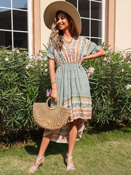 JIM & NORA Boho Print Dress Floral V Neck Short Sleeve Beach Bohemian Maxi Dresses High Waist Long Vestidos for Women Summer