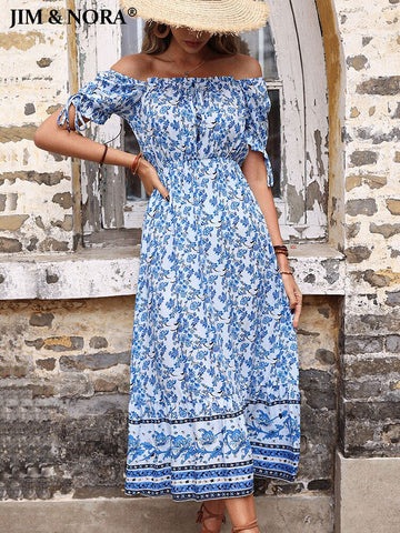 JIM & NORA Boho Printed Floral Sexy Slash Neck Short Sleeve Lace Up Tunic Vintage Midi Dresses Womens Bohemian Slim Fit Vestidos