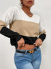JIM & NORA Casual Loose Sweater Women Long Sleeve V Neck Patchwork Stitching Colour Knit Pullover Daily Tops 2023 Autumn