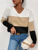 JIM & NORA Casual Loose Sweater Women Long Sleeve V Neck Patchwork Stitching Colour Knit Pullover Daily Tops 2023 Autumn