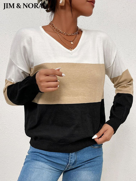JIM & NORA Casual Loose Sweater Women Long Sleeve V Neck Patchwork Stitching Colour Knit Pullover Daily Tops 2023 Autumn