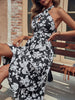 JIM & NORA Casual Vestidos Halter Sleeveless Backless Sexy Folds Tunic Dresses Women Floral Black Midi Dress 2023 Summer Fashion