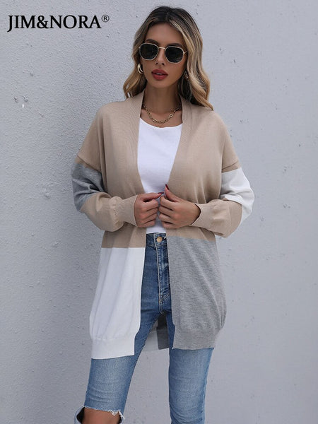 JIM & NORA Casual Women Long Sleeve Soild Colour Patchwork Loose Knit Cardigan Sweater Coat Cardigans Outdoor Warmer Hot