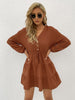 JIM & NORA Casual Women Long Sleeve V Neck Pleated Mini Dress Autumn Ladies Soild Colour Folds Dresses Elegant Vestidos