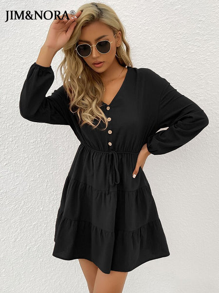 JIM & NORA Casual Women Long Sleeve V Neck Pleated Mini Dress Autumn Ladies Soild Colour Folds Dresses Elegant Vestidos