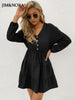 JIM & NORA Casual Women Long Sleeve V Neck Pleated Mini Dress Autumn Ladies Soild Colour Folds Dresses Elegant Vestidos