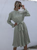 JIM & NORA Elegant Ladies Vestidos Women Dot Print Casaul Pleated Dress Long Sleeve Tunic Midi Dresses Autumn Spring Hot