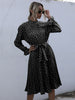 JIM & NORA Elegant Ladies Vestidos Women Dot Print Casaul Pleated Dress Long Sleeve Tunic Midi Dresses Autumn Spring Hot