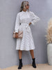 JIM & NORA Elegant Ladies Vestidos Women Dot Print Casaul Pleated Dress Long Sleeve Tunic Midi Dresses Autumn Spring Hot