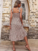 JIM & NORA Elegant Leopard Printed Spaghetti Strap Sleeveless Flounced Edge Dresses Backless Midi Dress For Women Summer