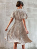 JIM & NORA Elegant Pleated Midi Dress Women Polka Dots Flare Short Sleeve Round Neck Casual Vacation Beach Dresses with Belt
