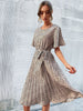 JIM & NORA Elegant Pleated Midi Dress Women Polka Dots Flare Short Sleeve Round Neck Casual Vacation Beach Dresses with Belt