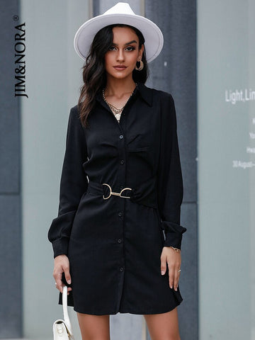 JIM & NORA Elegant Women Autumn Long Sleeve Polo Collar Tunic Mini Dress Soild Colour Black Casual Buttons Dresses Ladies Hot