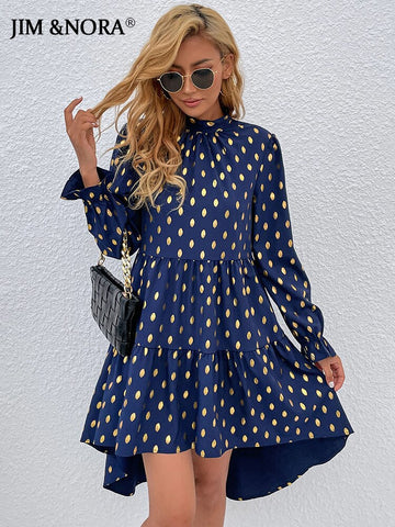 JIM & NORA Elegant Women Long Sleeve Polka Dot Printed Loose Dress Ladies Autumn Spring Casual Dresses Pleated Vestidos