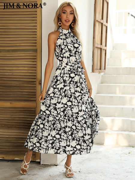 JIM & NORA Elegant Womens Casual Halter Neck Sleeveless Floral Long Maxi Dress Summer Vacation Clothes Sundress with Belt