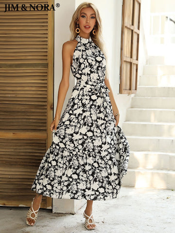 JIM & NORA Elegant Womens Casual Halter Neck Sleeveless Floral Long Maxi Dress Summer Vacation Clothes Sundress with Belt