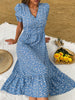 JIM & NORA Elegant Womens Short Puff Sleeve Boho Floral Printed V Neck Corset Blue Casual Ladies Summer Beach Midi Dress Fashion