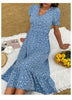 JIM & NORA Elegant Womens Short Puff Sleeve Boho Floral Printed V Neck Corset Blue Casual Ladies Summer Beach Midi Dress Fashion